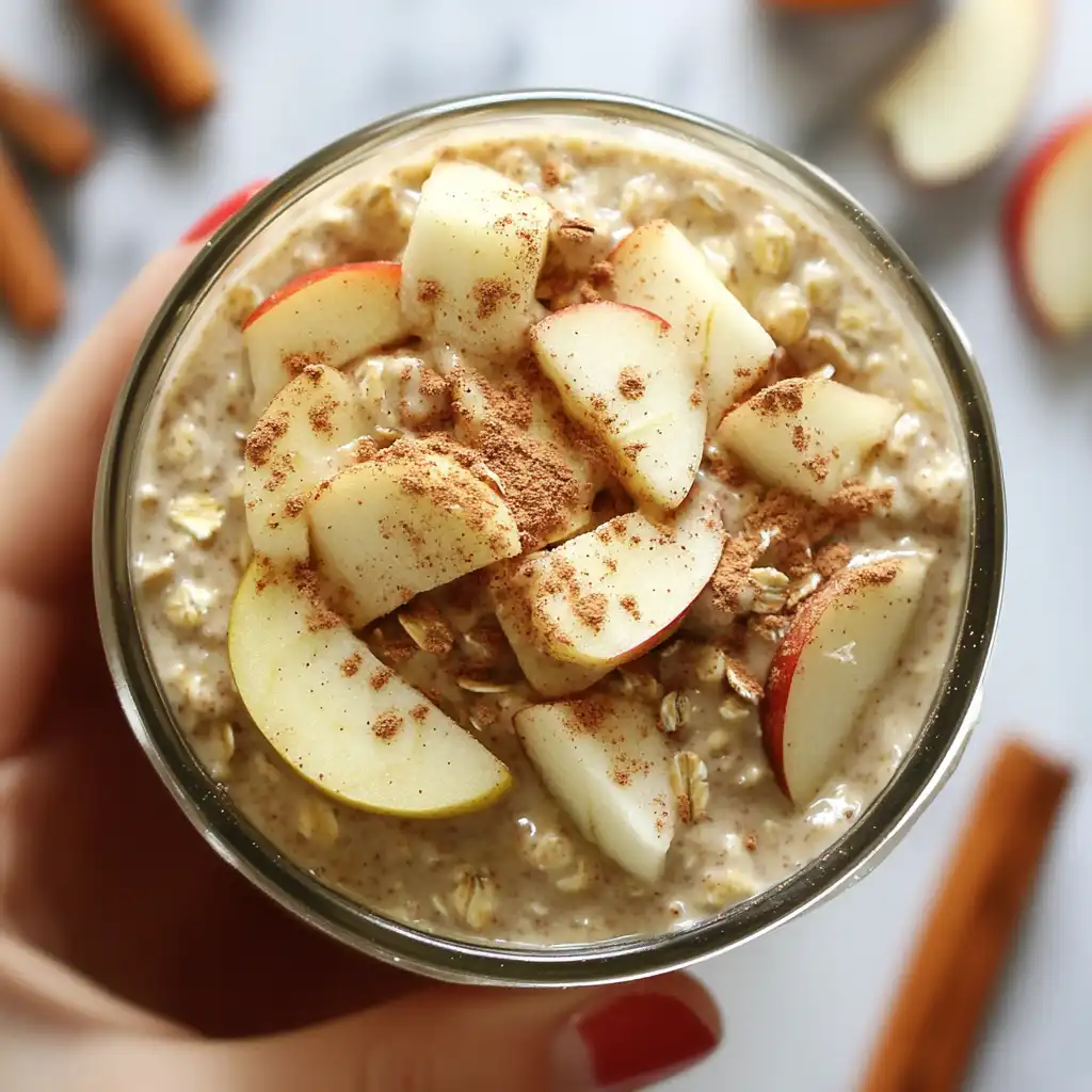 Protein Apple Cinnamon Overnight Oats (No Cook, High Fiber) 2 Apple Cinnamon Protein Overnight Oats topped with fresh apple slices and ground cinnamon, held by the chef's hand.