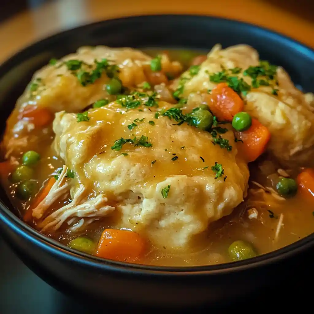 Crock pot chicken and dumplings in a bowl with shredded chicken, fluffy dumplings, carrots, peas, and creamy broth – hearty homemade comfort food.