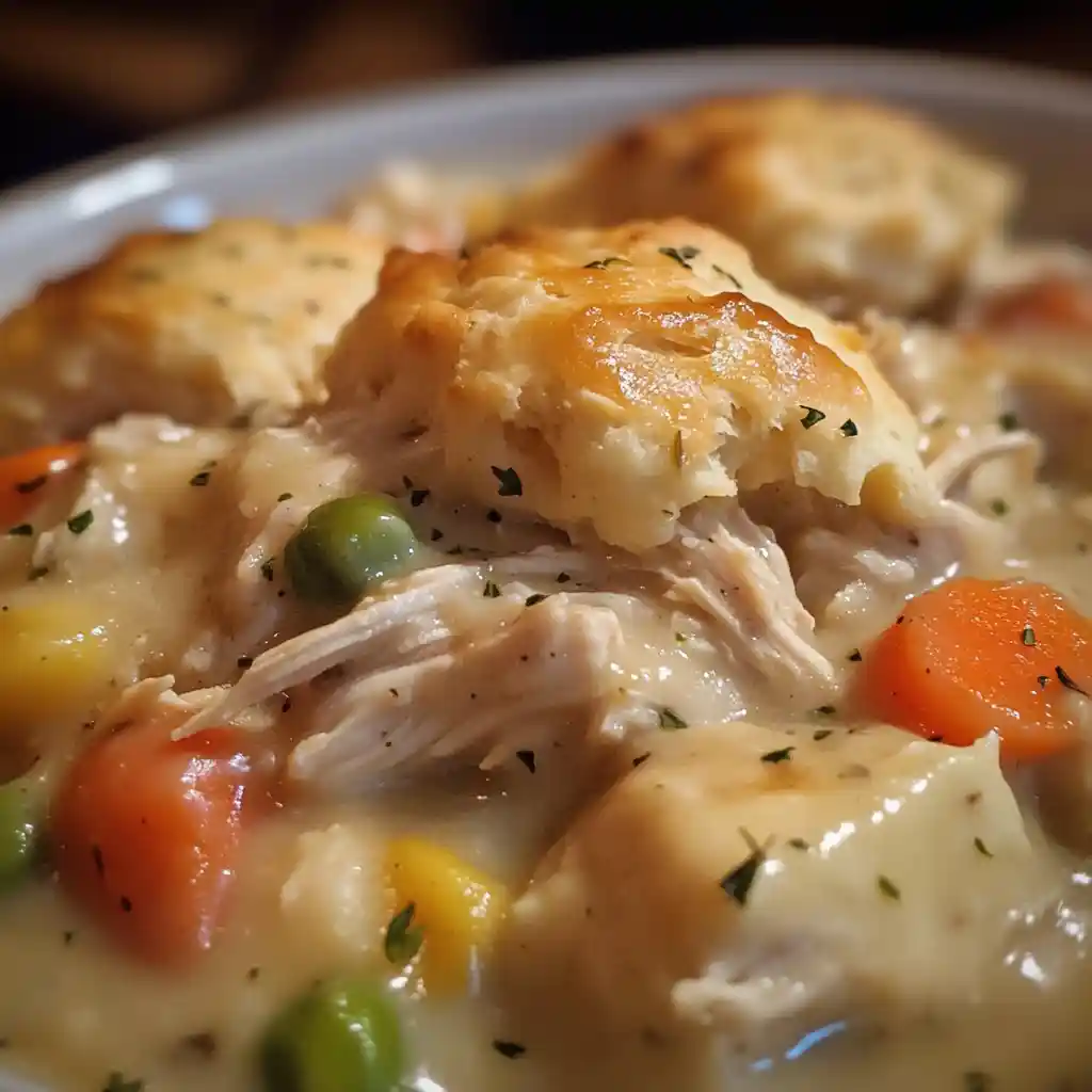Close-up of creamy crock pot chicken and dumplings with shredded chicken, carrots, peas, and fluffy biscuit dumplings in a rich sauce.