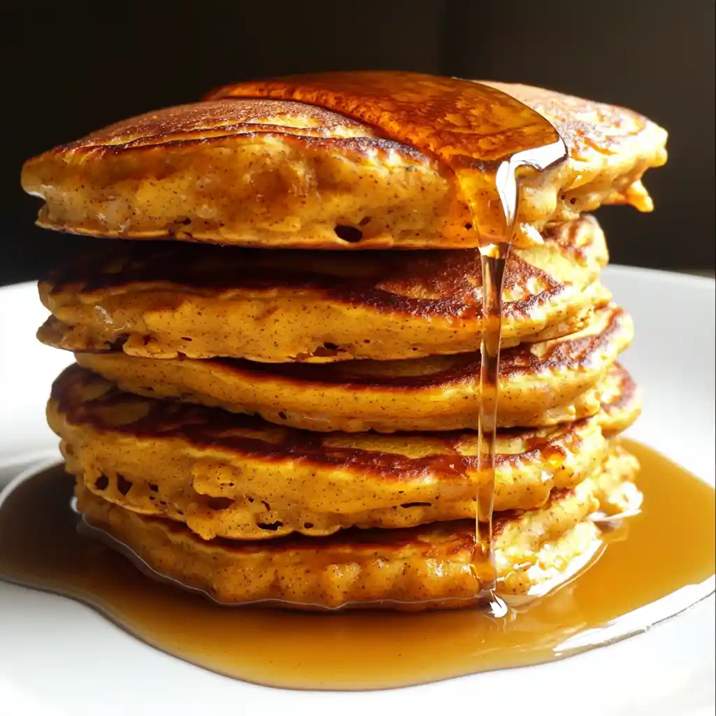 Delicious Pumpkin Protein Pancakes, golden fluffy stack topped with maple syrup, cozy fall breakfast high in protein