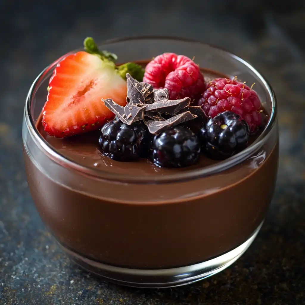 The Best High-Protein Chocolate Mousse: Easy 4-Ingredient Recipe 2 High-Protein Chocolate Mousse, smooth glossy dark chocolate mousse in a small glass cup topped with shaved chocolate and fresh berries.