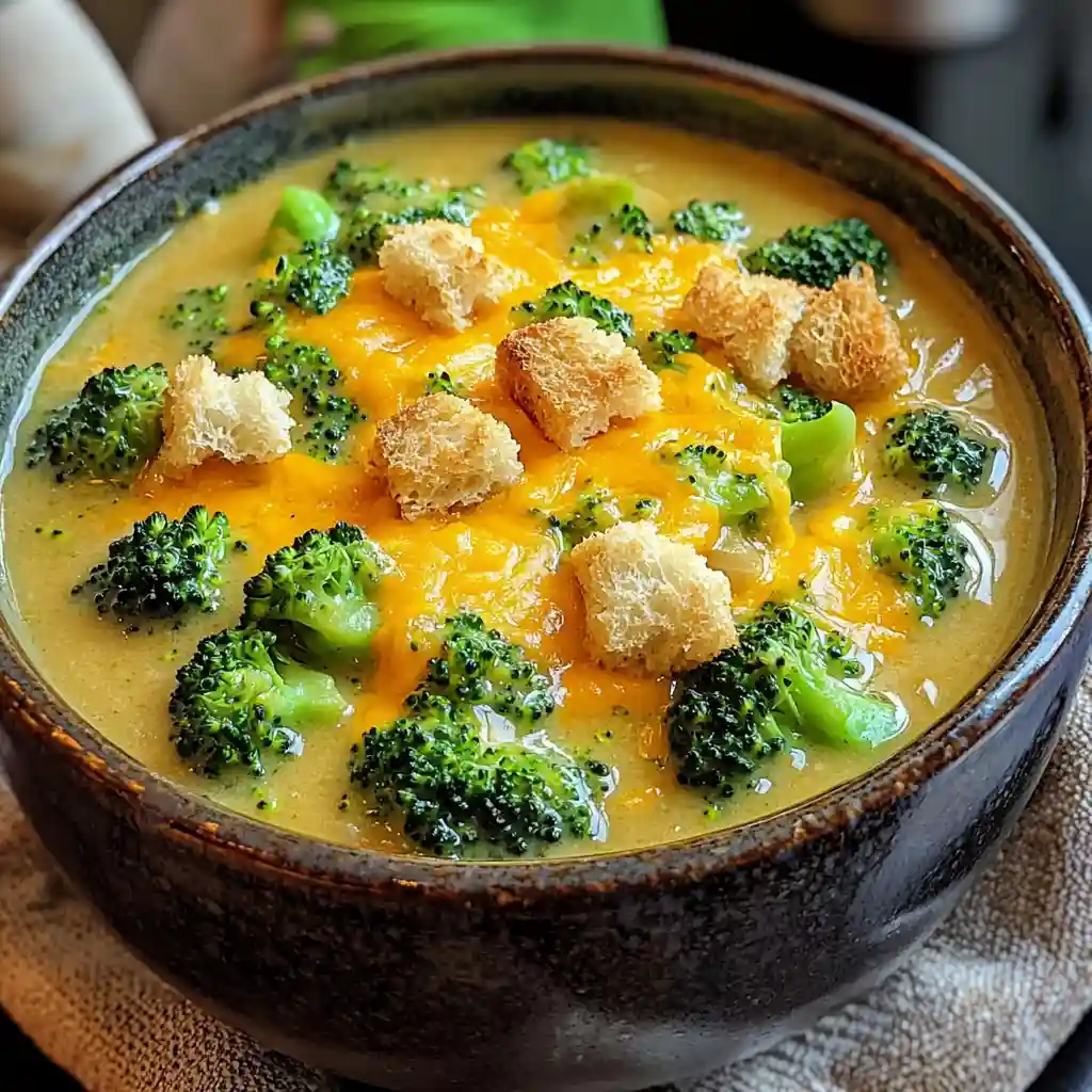 Close-up of homemade broccoli cheddar soup, creamy golden texture with cheddar and broccoli florets topped with crunchy croutons