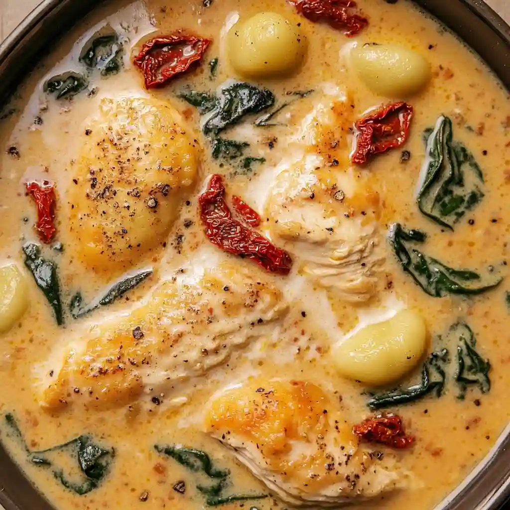 Rich, Creamy Marry Me Chicken Soup with Gnocchi 2 Creamy marry me chicken soup with golden seared chicken breasts, gnocchi, spinach, and sun-dried tomatoes in a rich broth.