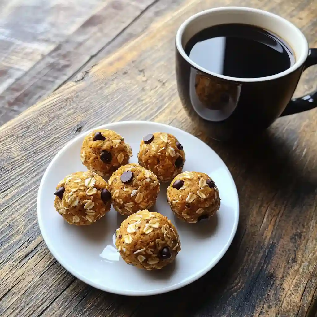 A white plate with pumpkin protein balls next to a black mug of coffee on a rustic wooden table.