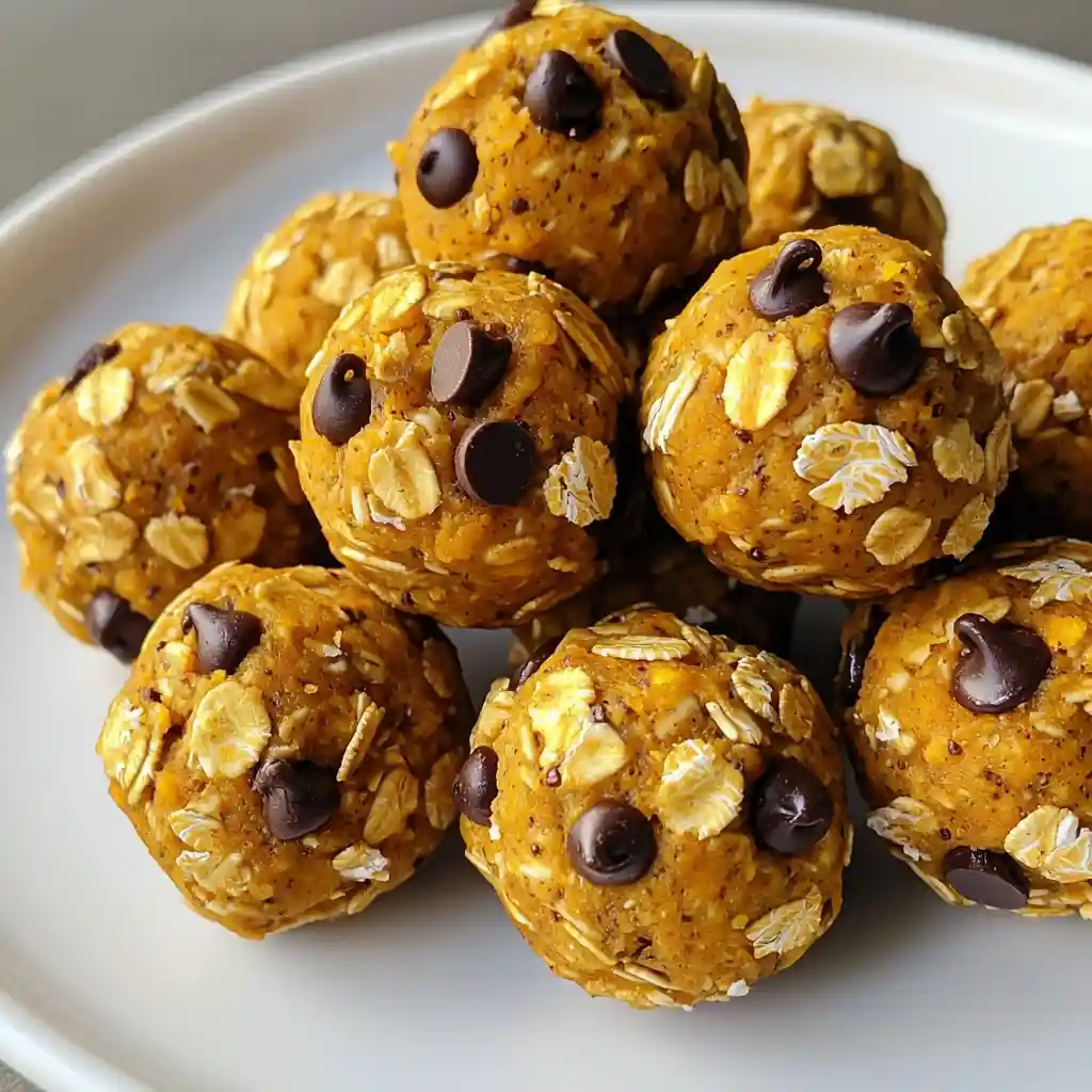 A close-up pile of no-bake pumpkin protein balls with rolled oats and chocolate chips on a white plate.