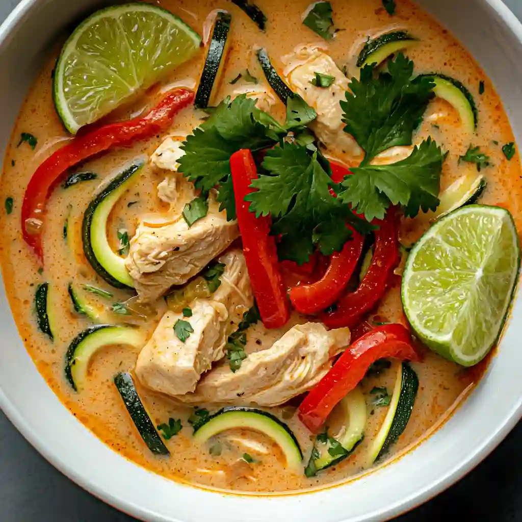 Amateur close-up of Thai chicken coconut soup in a white bowl, with sliced chicken, zucchini noodles, red bell peppers, lime wedges, and cilantro in a creamy broth