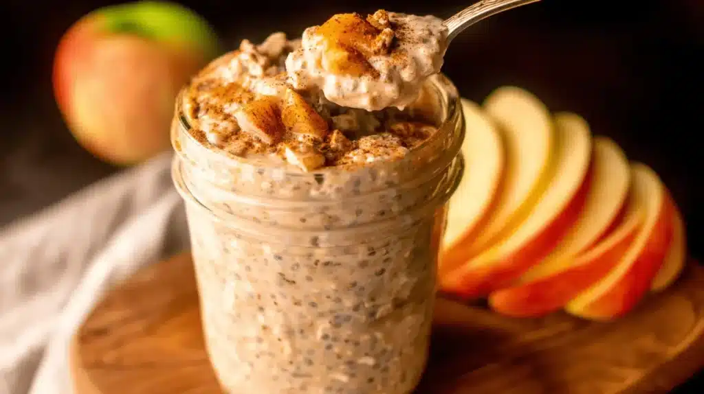 A spoon scoops creamy Apple Cinnamon Protein overnight oats from a glass jar, garnished with cooked apples and cinnamon, on a wooden board.