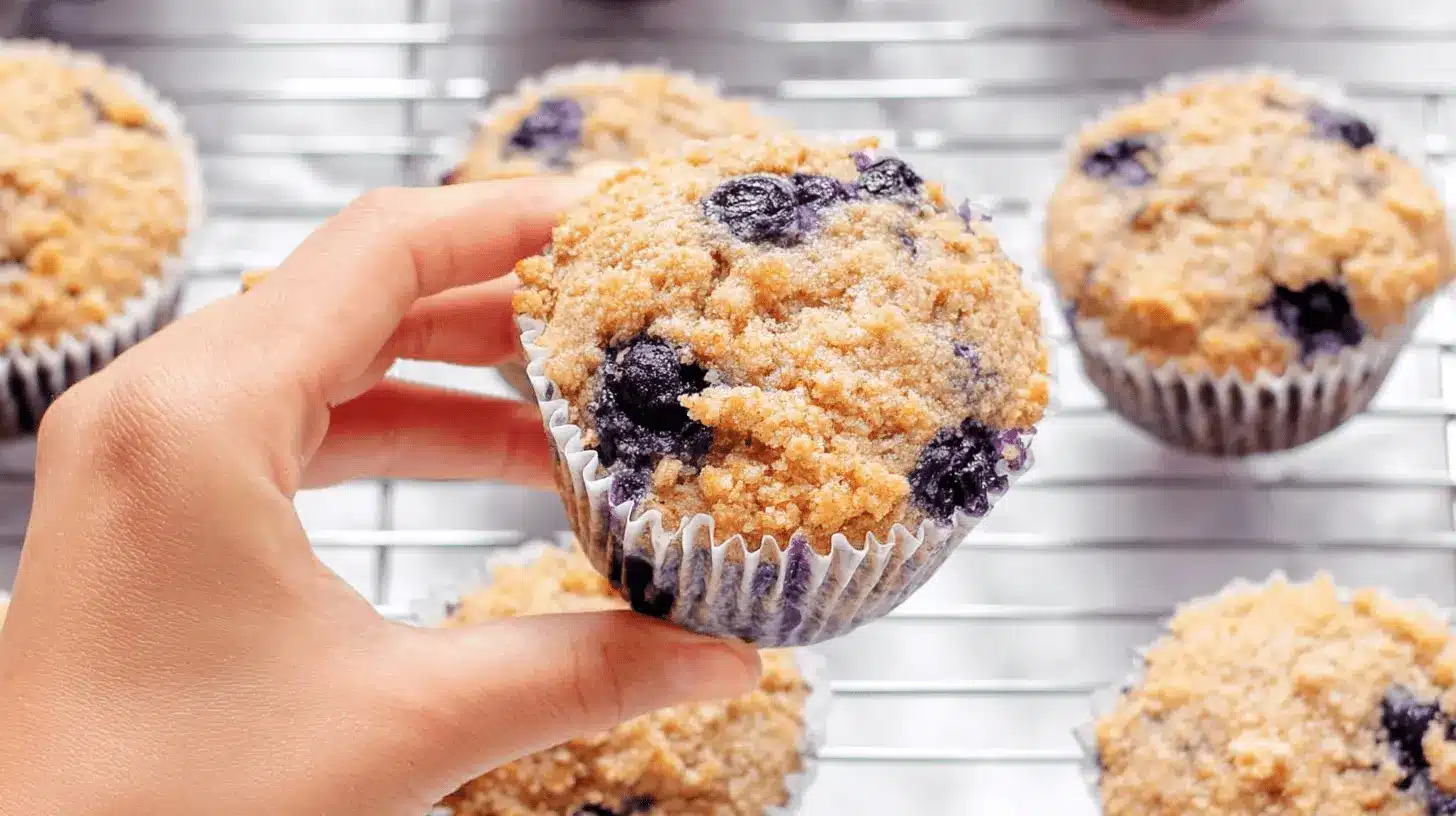 Close-up of a hand holding a freshly baked blueberry protein muffins with a golden streusel topping, alongside other muffins on a cooling rack.