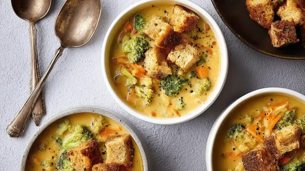 Overhead view of three bowls of creamy Broccoli Cheddar Soup, garnished with fresh broccoli florets and golden croutons on a textured grey surface.