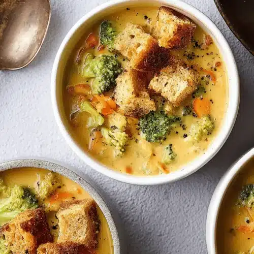 Overhead view of three bowls of creamy Broccoli Cheddar Soup, garnished with fresh broccoli florets and golden croutons on a textured grey surface.
