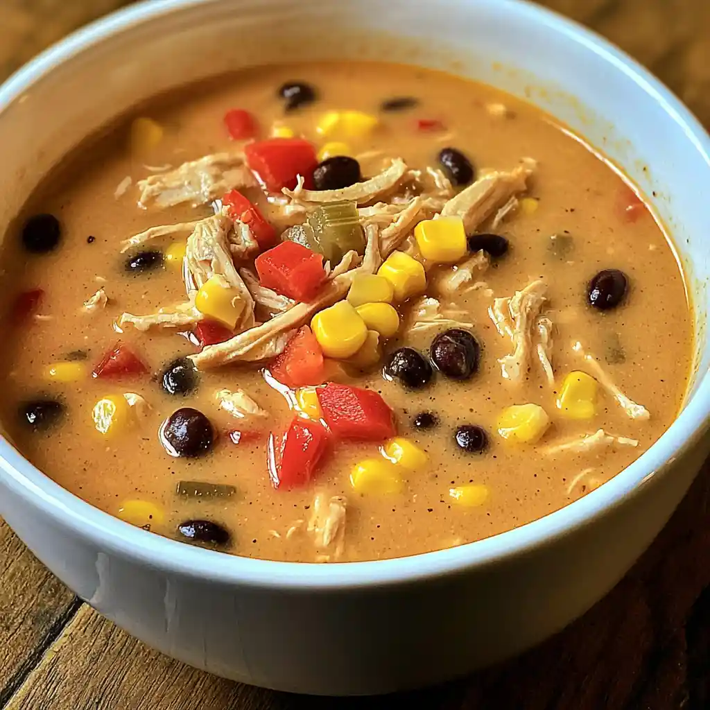 Cozy bowl of creamy chicken taco soup with shredded chicken, corn, black beans, and red peppers in a creamy broth, served in a white bowl