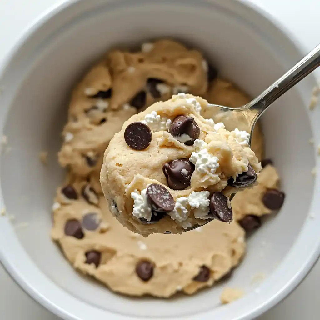 Creamy cottage cheese cookie dough in a white bowl with chocolate chips and a spoonful lifted to show thick, smooth texture
