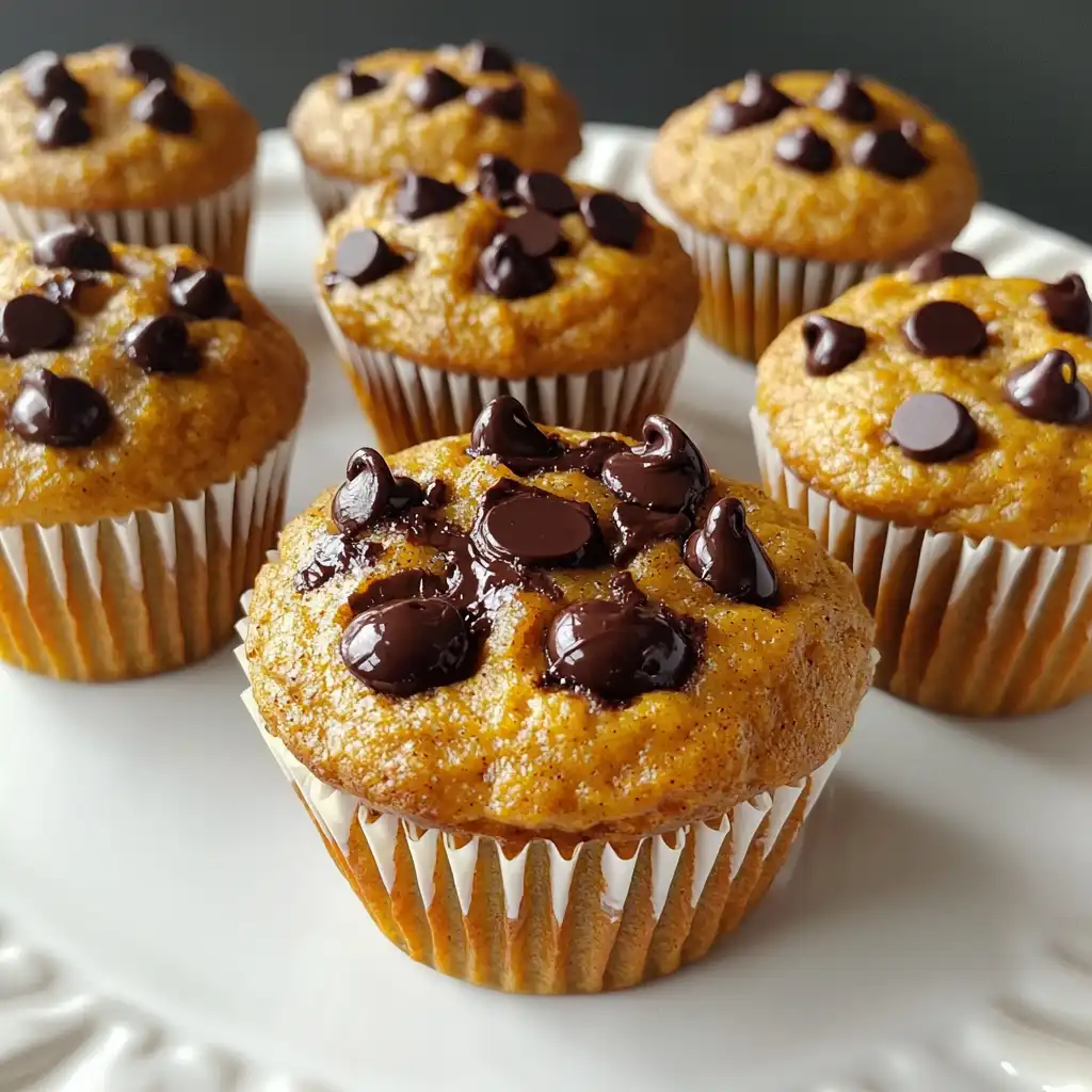 The Best Cottage Cheese Pumpkin Muffins 2 Cottage Cheese Pumpkin Muffins, golden-orange muffins with chocolate chips, soft and fluffy with a cozy fall look on a white plate.
