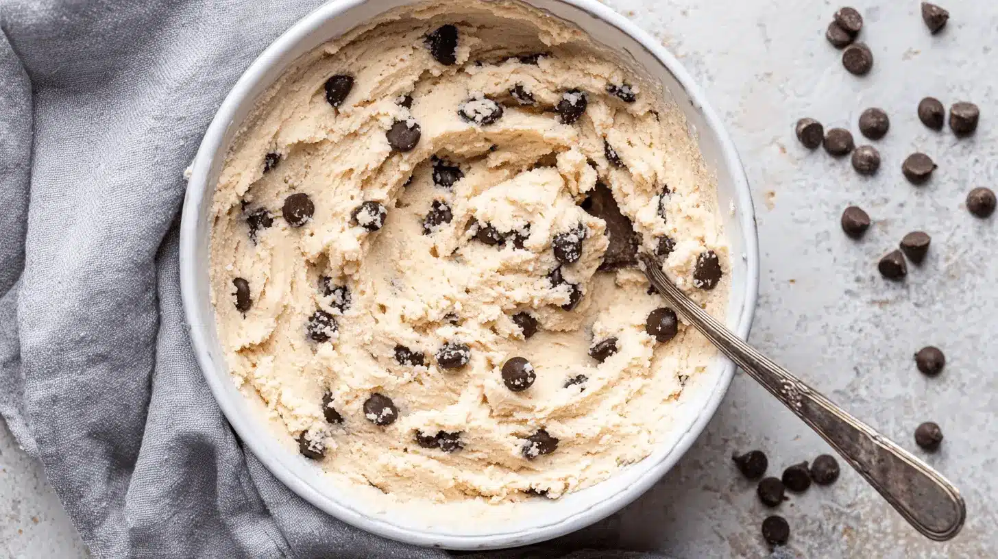 Top-down view of creamy chocolate chip cottage cheese cookie dough in a white bowl with a vintage spoon.