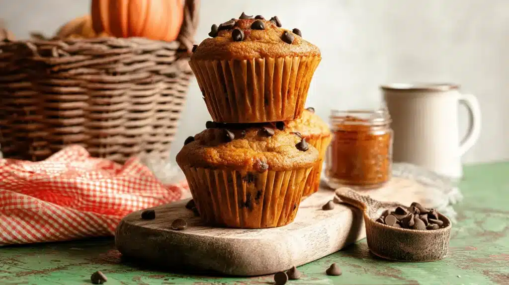 Stack of moist cottage cheese pumpkin muffins with chocolate chips on a rustic wooden board.