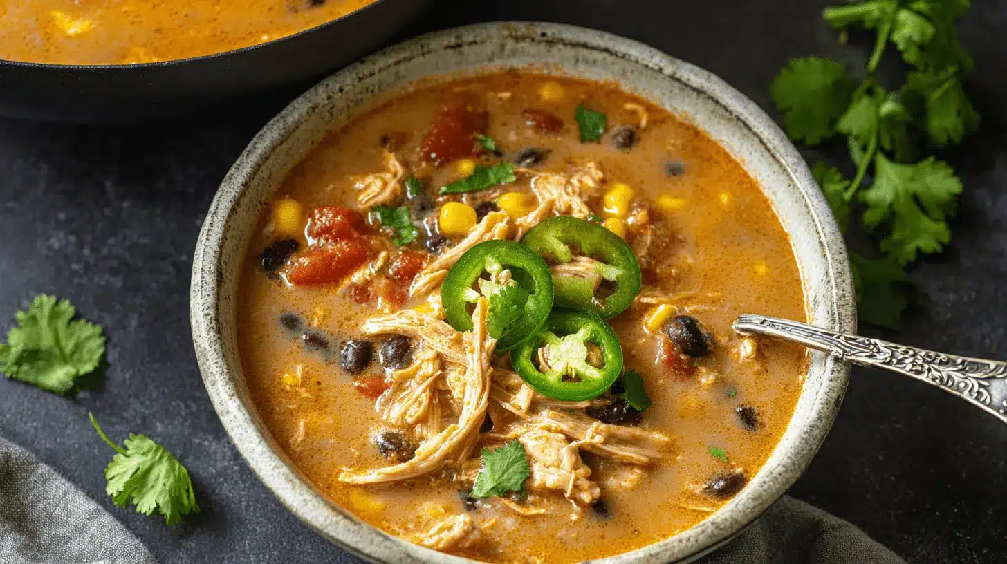 A rustic ceramic bowl overflowing with vibrant creamy chicken taco soup, garnished with fresh jalapeño slices and cilantro.