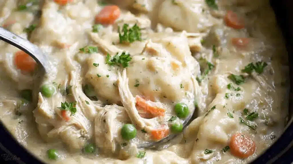 A spoon scoops a generous portion of creamy Crock Pot Chicken And Dumplings, rich with chicken, peas, and carrots.
