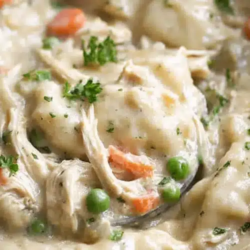 A spoon scoops a generous portion of creamy Crock Pot Chicken And Dumplings, rich with chicken, peas, and carrots.