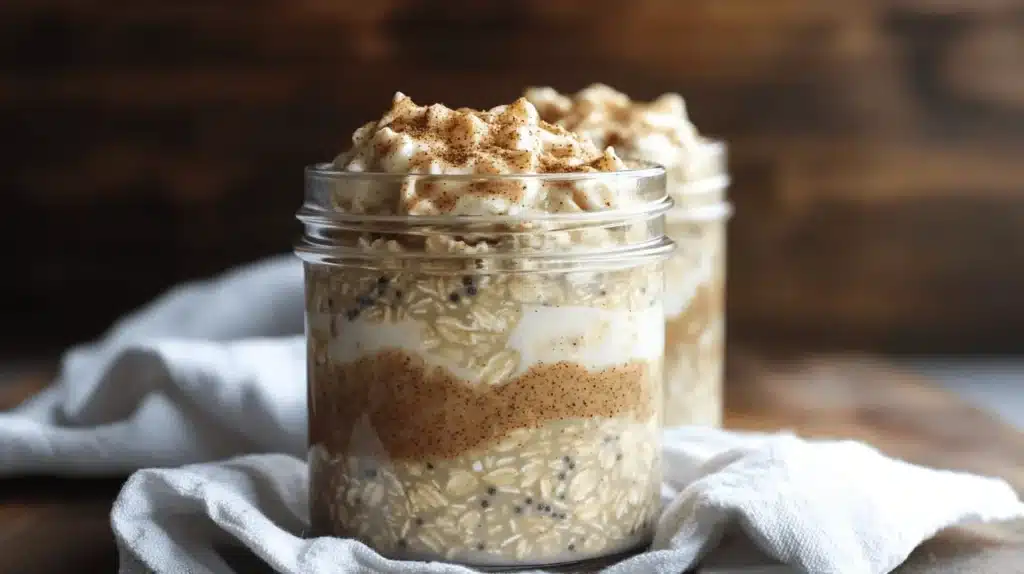 An image showing high-protein cinnamon roll overnight oats in a glass jar, creamy layers with cinnamon and brown sugar on a wooden table.