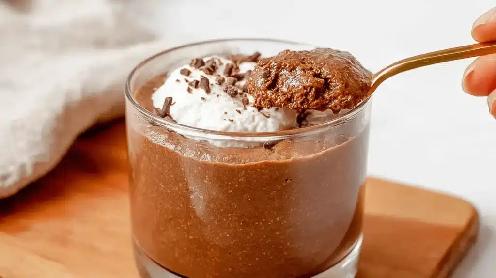 Close-up of a spoonful of rich High-Protein Chocolate Mousse being lifted from a glass, topped with whipped cream and chocolate shavings.