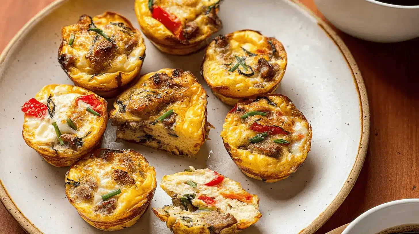Delicious High Protein Egg Muffins: Your Ultimate Meal Prep Breakfast 1 Close-up of savory high protein egg muffins with visible meat, peppers, and greens on a rustic plate, perfect for breakfast.