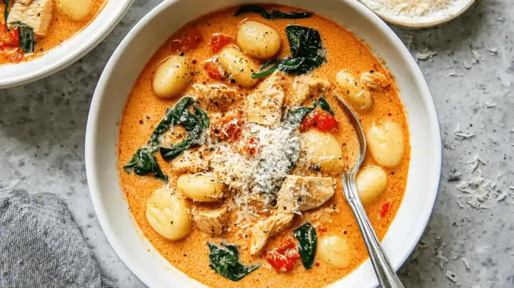 Creamy gnocchi with chicken, spinach, and tomatoes, a comforting dish as delightful as "marry me chicken soup."