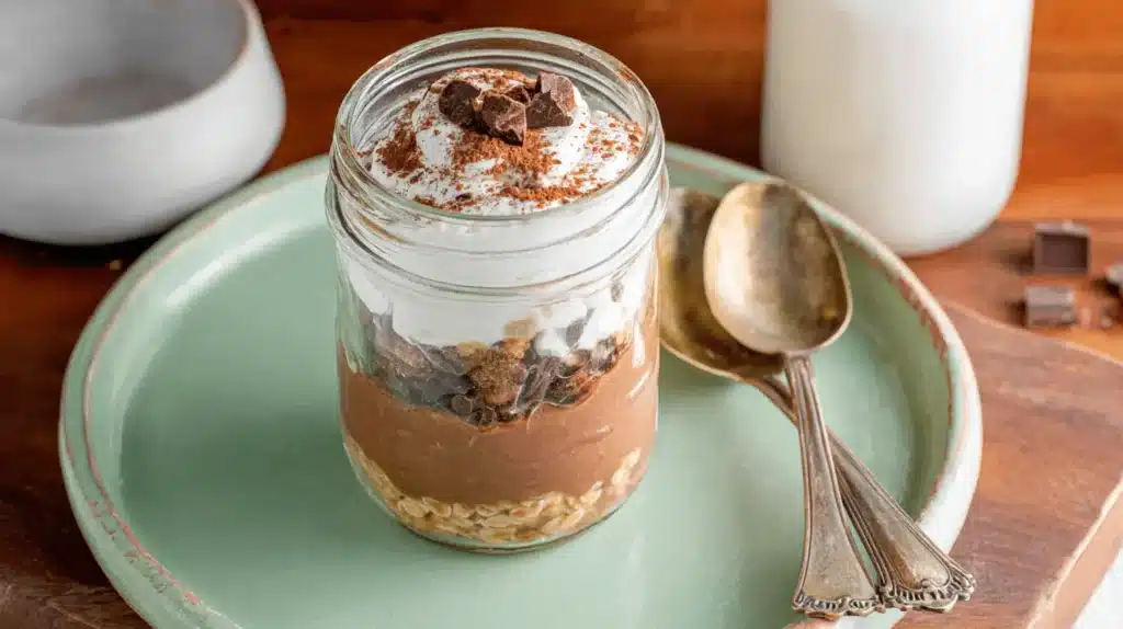 Delicious oats overnight tiramisu layered with creamy oats, chocolate, and whipped topping in a mason jar, dusted with cocoa.