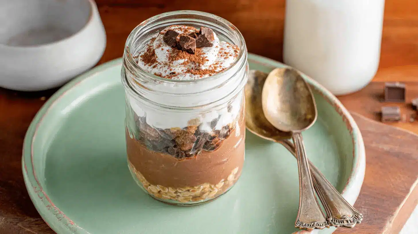 Decadent Oats Overnight Tiramisu: Easy, No-Cook Breakfast 1 Delicious oats overnight tiramisu layered with creamy oats, chocolate, and whipped topping in a mason jar, dusted with cocoa.