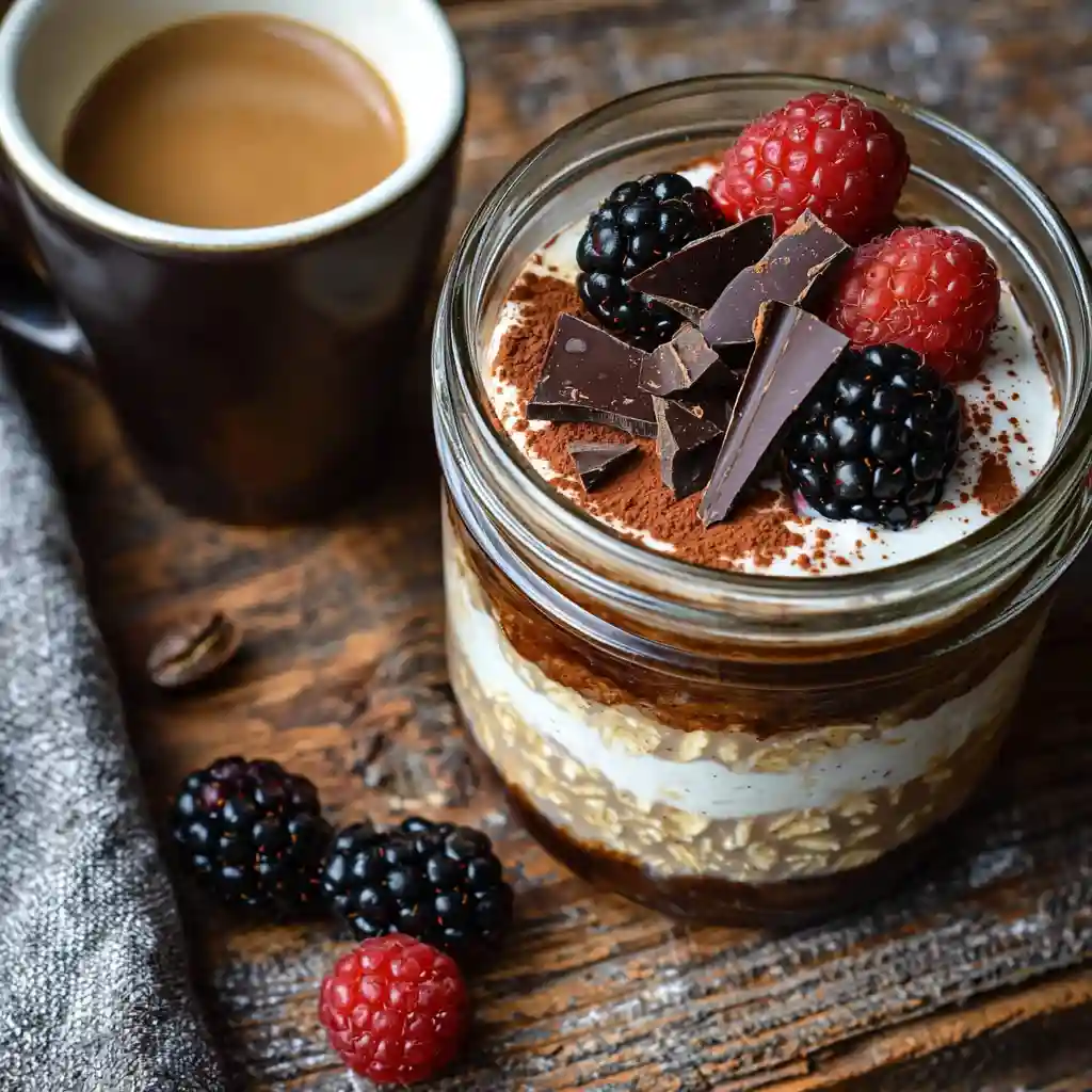 Decadent Oats Overnight Tiramisu: Easy, No-Cook Breakfast 3 Tiramisu overnight oats in a glass jar layered with oats, yogurt, cocoa, fresh raspberries, blackberries, and dark chocolate chunks, served with coffee.