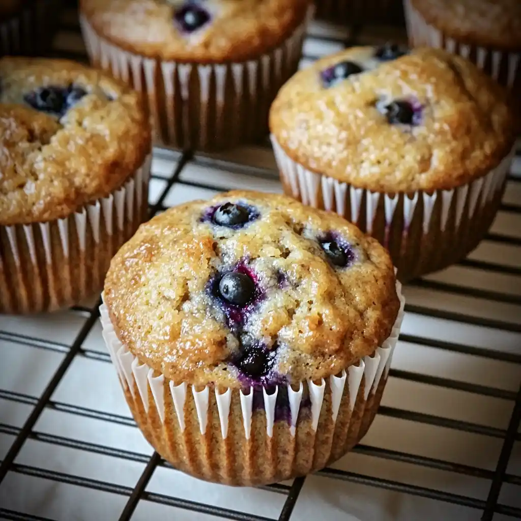 Freshly baked blueberry protein muffins on a cooling rack, golden tops with juicy blueberries, and a cozy, homemade look.