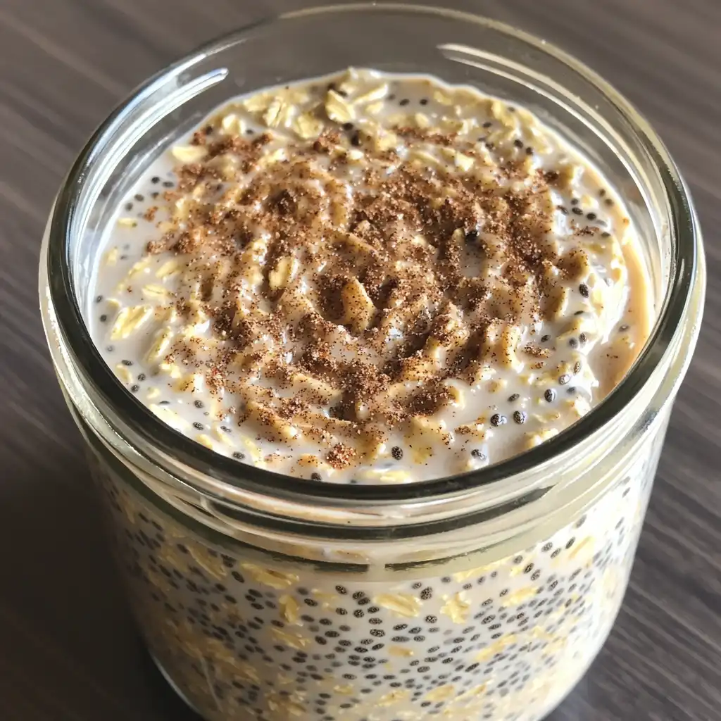 Cinnamon Roll Overnight Oats, creamy oats layered with cinnamon and brown sugar in a glass jar.