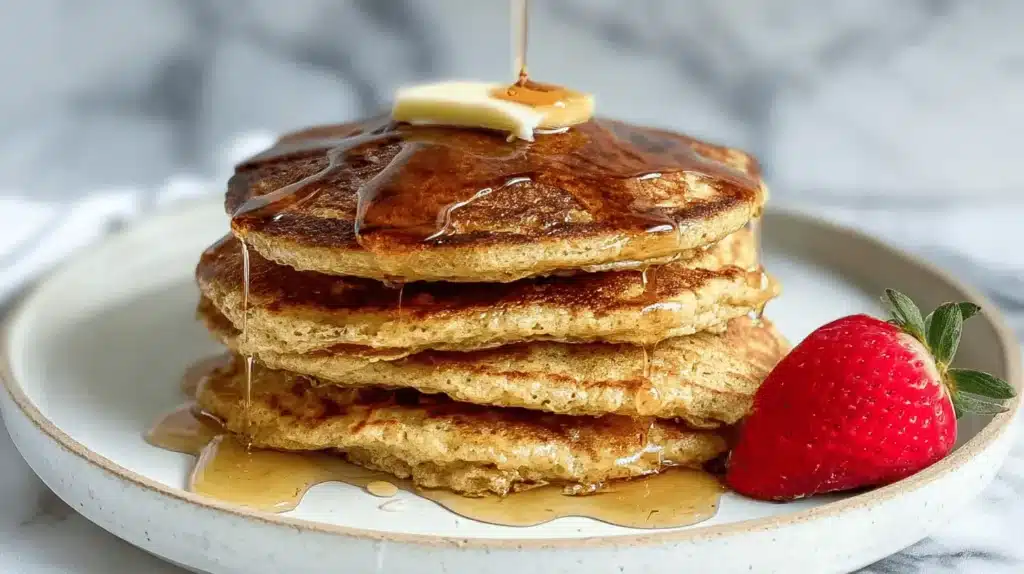 Stack of fluffy golden protein pancakes without banana, topped with melting butter, pouring syrup, and a fresh strawberry.