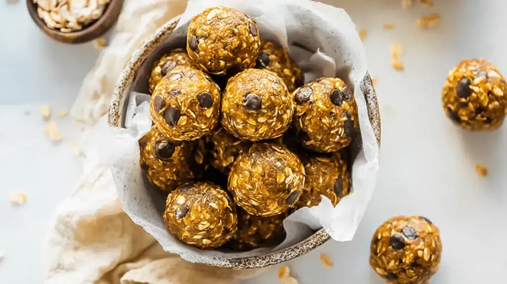 Homemade Pumpkin Protein Balls with oats and chocolate chips in a rustic bowl, ready to enjoy as a healthy snack.