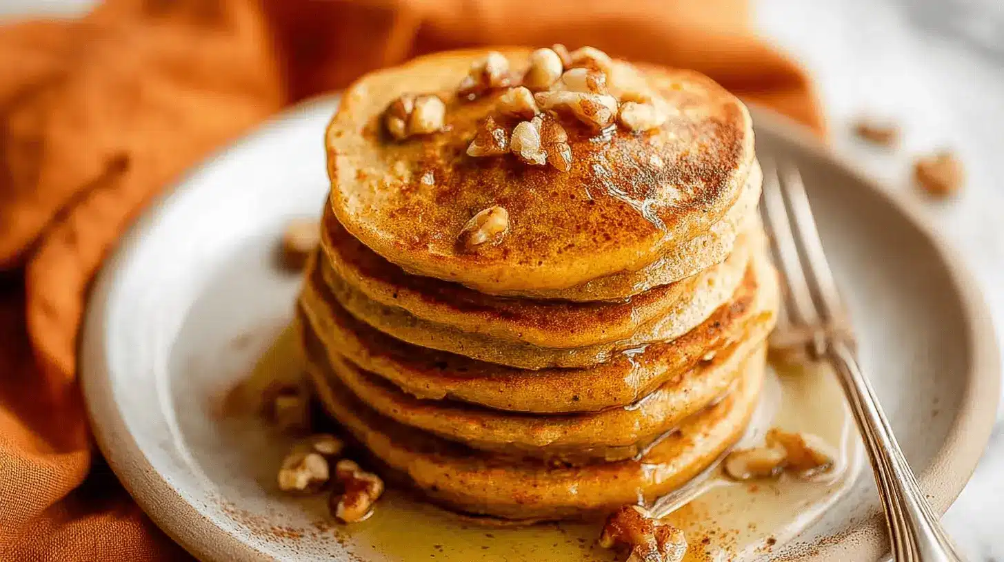 Close-up of a stack of golden-brown Pumpkin Protein Pancakes topped with walnuts and drizzled with glistening syrup.