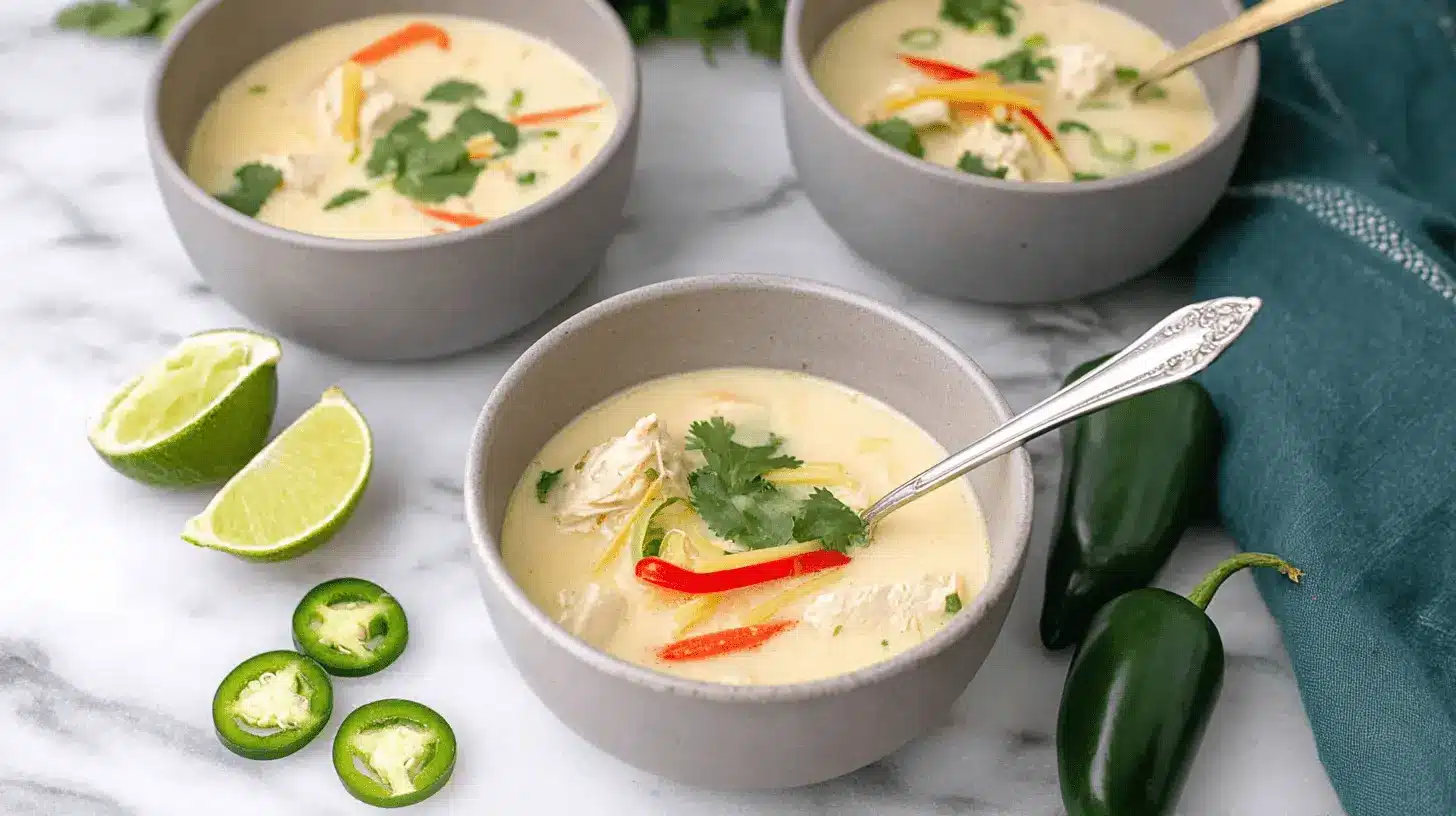 Three bowls of vibrant Thai chicken soup, garnished with fresh cilantro, lime, and peppers on a marble countertop.