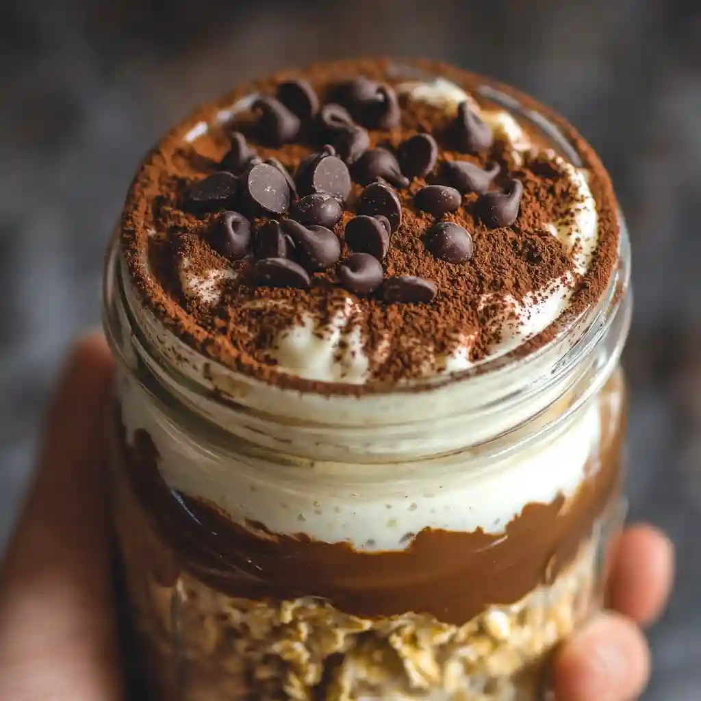 Decadent Oats Overnight Tiramisu: Easy, No-Cook Breakfast 2 Creamy oats overnight tiramisu in a glass jar layered with oats, Greek yogurt, cocoa powder, and chocolate chips, served as a healthy no-cook breakfast.