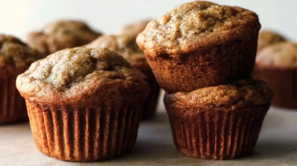 Deliciously golden-brown Banana Bread Muffins, freshly baked and stacked, with a beautifully craggy top.