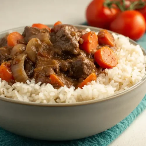 Beef stew and rice with tender carrots and onions served in a bowl.
