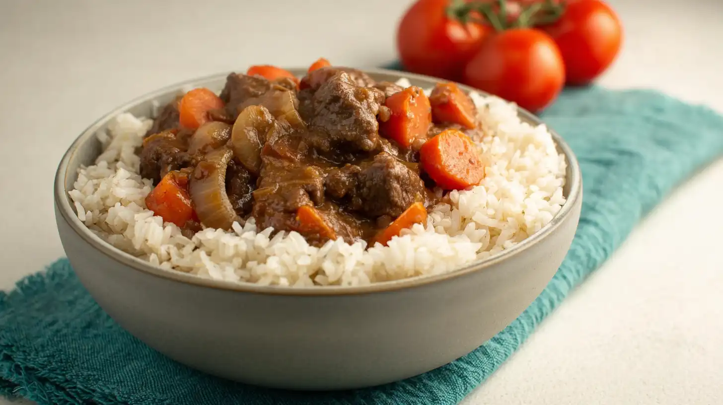 Beef stew and rice with tender carrots and onions served in a bowl.