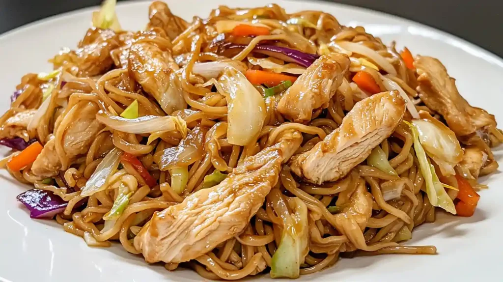 Chicken yakisoba noodles with sliced chicken, cabbage, carrots, and onions coated in a glossy savory stir-fry sauce.