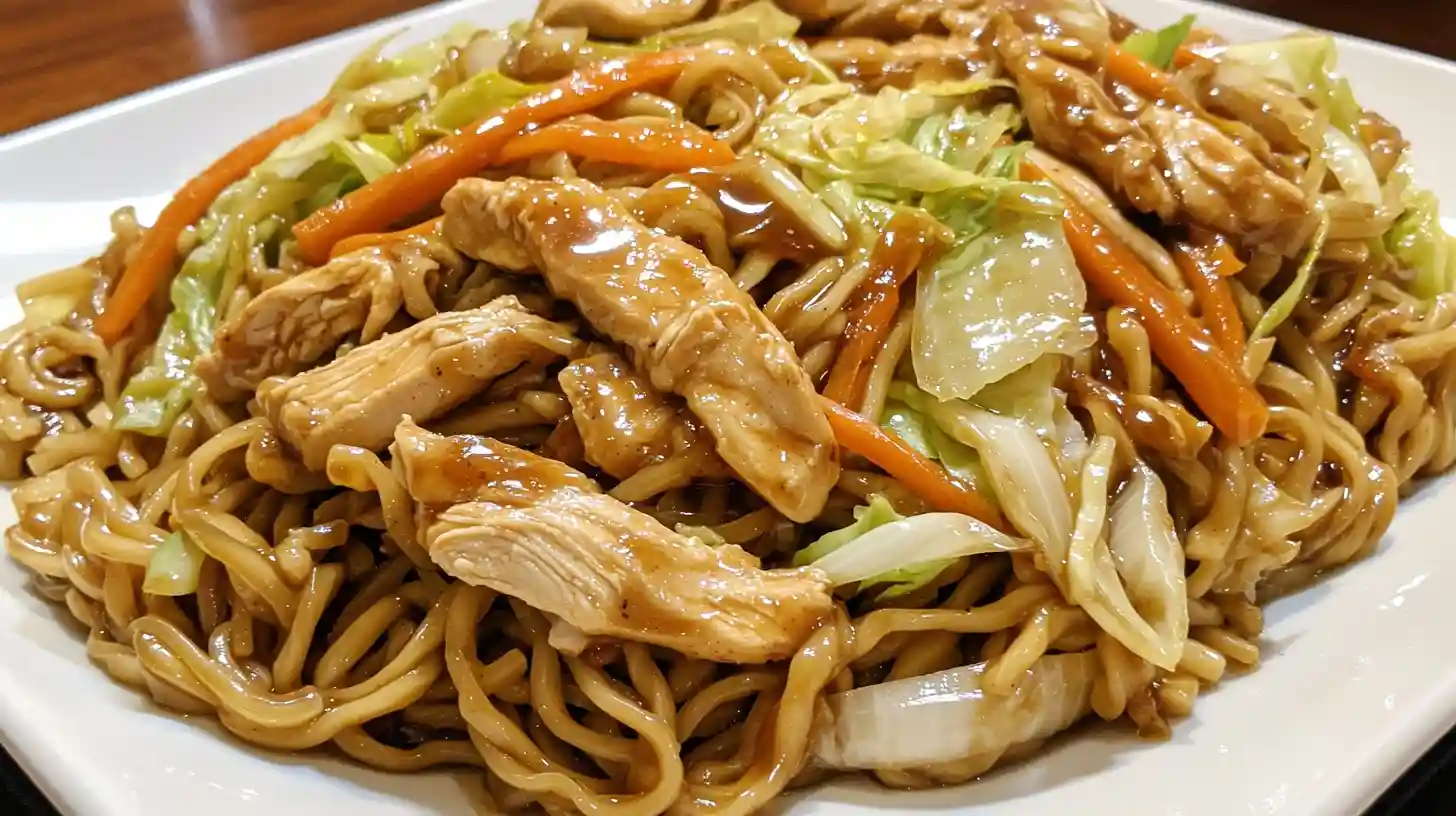 Close-up of chicken yakisoba noodles with tender chicken, cabbage, carrots, and glossy savory stir-fry sauce.