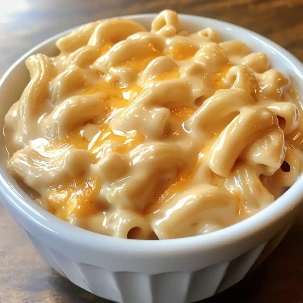 Creamy crockpot mac and cheese in a white bowl