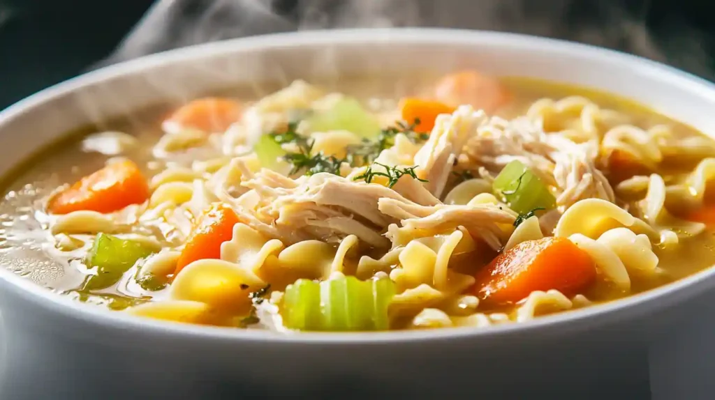 Close-up of Crockpot Chicken Noodle Soup with shredded chicken, noodles, carrots, and celery in a warm, steamy broth.