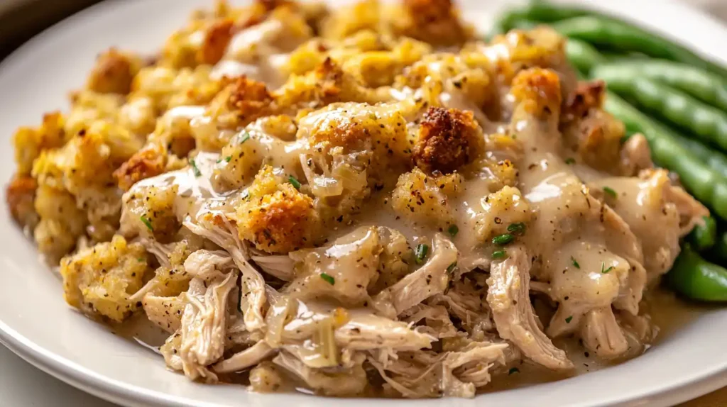 Crockpot Chicken and Stuffing, creamy chicken with golden stuffing and green beans on a white plate.