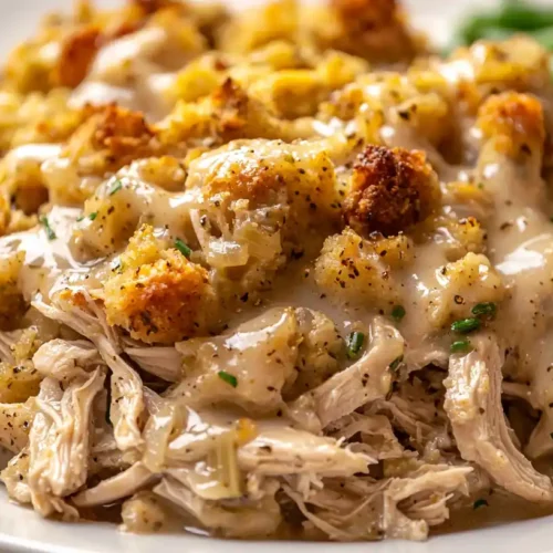 Crockpot Chicken and Stuffing, creamy chicken with golden stuffing and green beans on a white plate.
