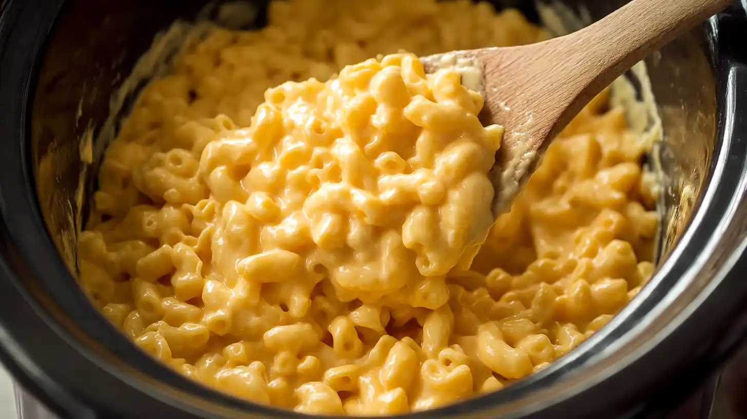 Close-up of creamy, rich crockpot mac and cheese being stirred in a dark pot, highlighting its gooey texture.