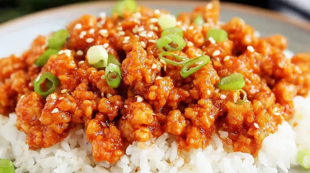 Ground orange chicken served over fluffy white rice, topped with sesame seeds and sliced green onions