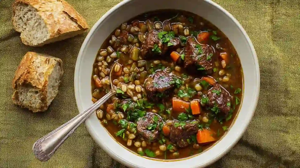 Hearty Homemade Beef Barley Soup Recipe 2 Warm bowl of beef barley soup with tender beef chunks, carrots, and parsley served with crusty bread