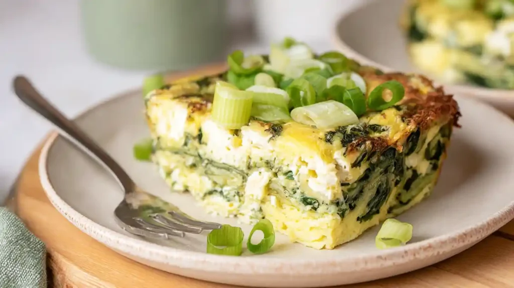 High-protein baked cottage cheese eggs with spinach, topped with fresh green onions on a white plate.