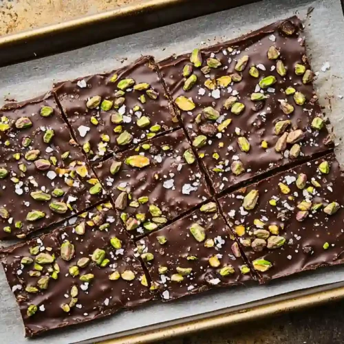 Delicious Date Chocolate Bark: The Viral Sweet Treat 2 Date chocolate bark cut into squares and topped with pistachios and sea salt on a parchment-lined tray